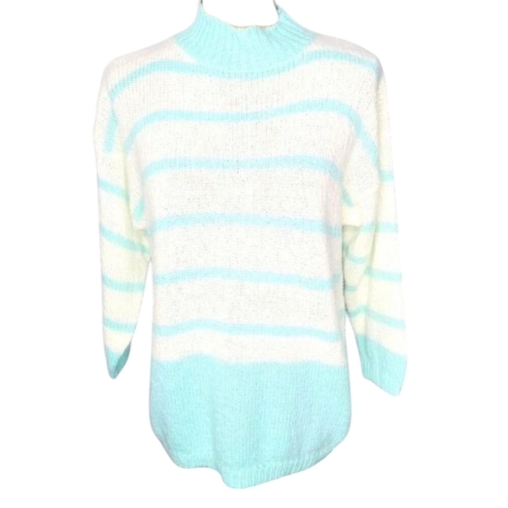 Vintage 80s Pastel Blue White Striped Chunky Cozy Mock Neck Sweater